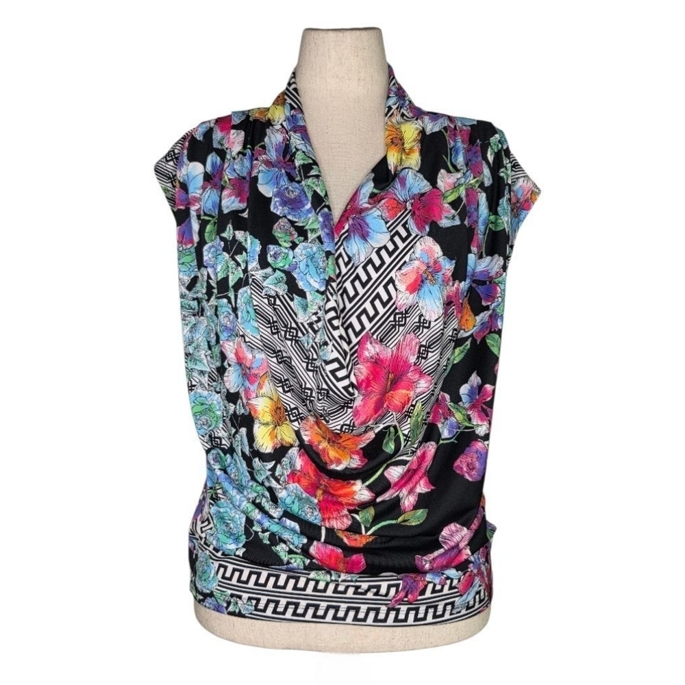 ECI New York Floral Geometric Cowl Neck Sleeveless Blouse Top Black Multi M